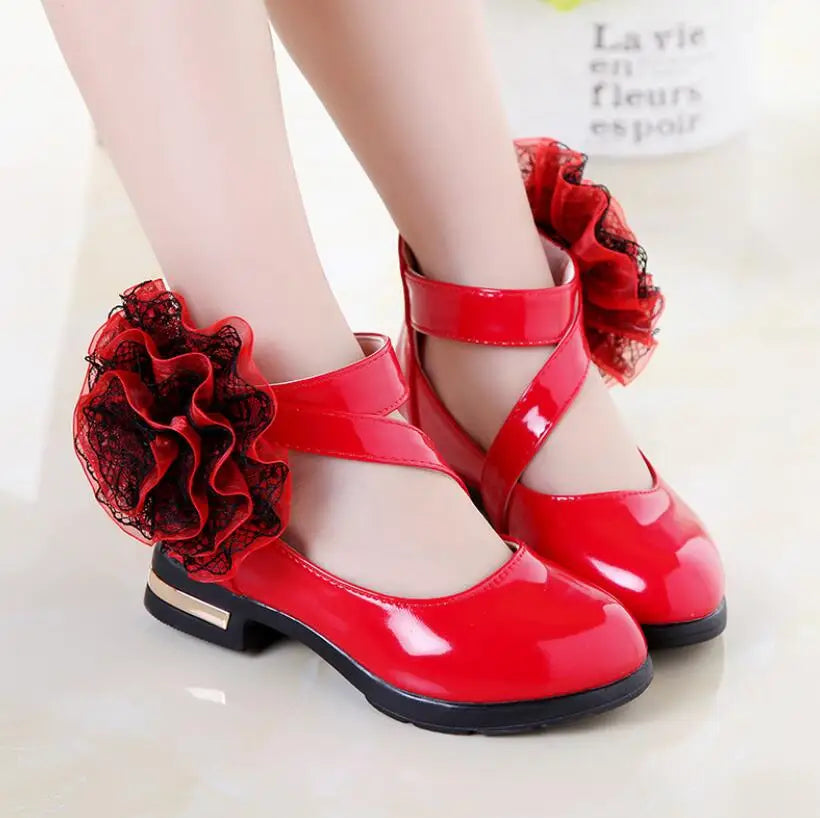 Girls Leather Shoes for Party Wedding Kids Performance Shoes with Butterfly-knot Fashion Children High Heels Rhinestone Shoes