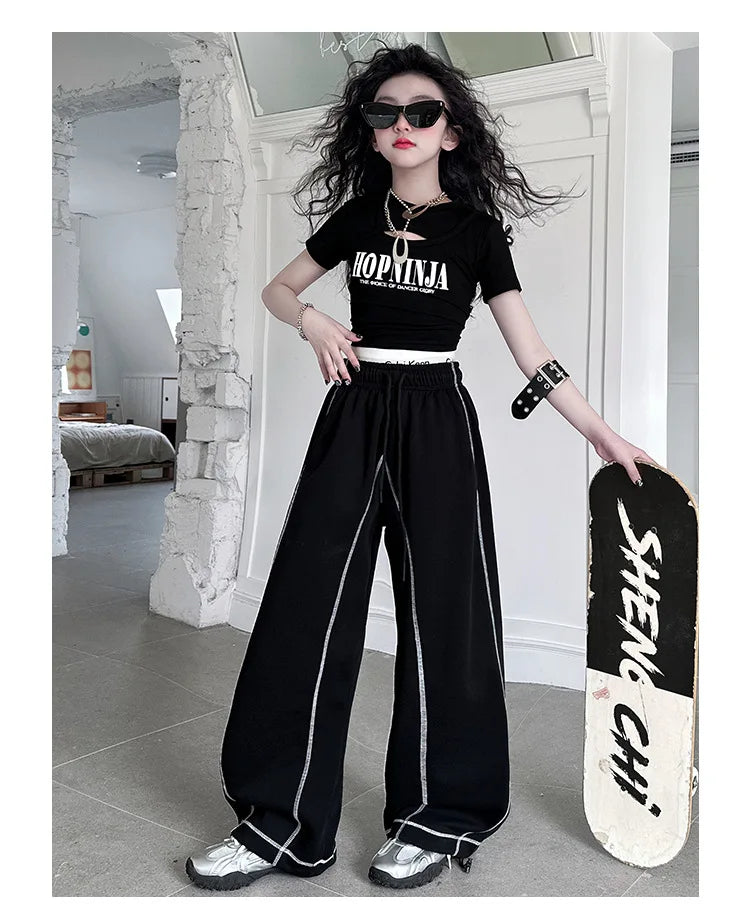 Summer teen girl Hip Hop Jazz Street Dance Costume Suit Cool Print Hollow Short T-shirt+Casual Sports Pants Set Child Outfits