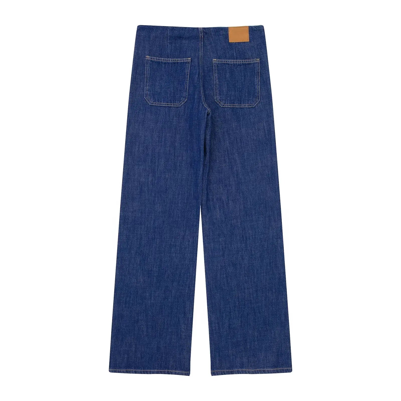 HH 2024 Spring Women 2 Piece Denim Trousers Suits Solid O Neck Coat Top + Pockets Elegant Female Straight Wide Leg Long Pant