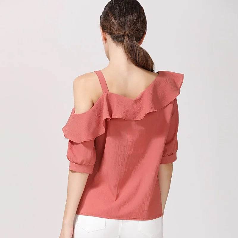 Fashion Women Blouses Sexy Slash Neck Chiffon Women Blouse Shirt Short Sleeve Summer Ladies Tops