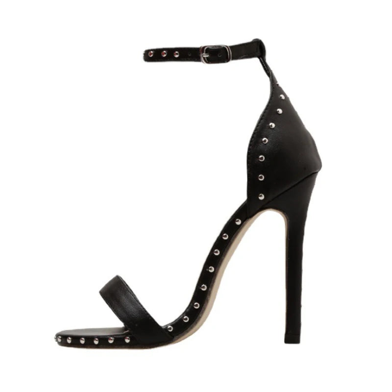 Women Sandals High Heels 2025 Summer Thin Heel PU Leather Rivet Peep Toe Sexy Party Shoes Sandalia Feminina Zapatos Mujer