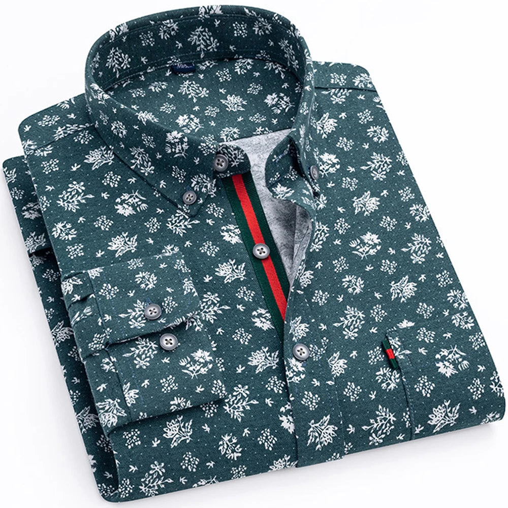 Men's Stylish Floral Print Button-Up Collar Dress Shirt with Stripe Placket, Holiday Style 100% Cotton Long Sleeve Oxford Shirts