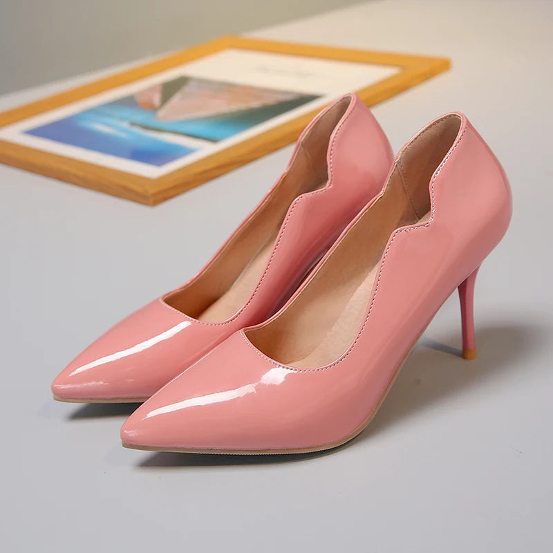 Nude High-Heeled Shoes for Women, Thin Heels, Pointed Toes, Small Size 30, 2024 New Style for Ladies, Elegant Spring and Autumn White Sexy Patent Leather Professional Black Women's Single Shoes, European and American Extra La