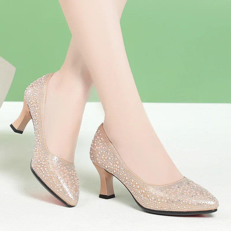 Genuine Leather Women's Shoes 2023 Spring New Single Leather Shoes Work Shoes Mid-high Heel All-match Ladies Women's Shoes