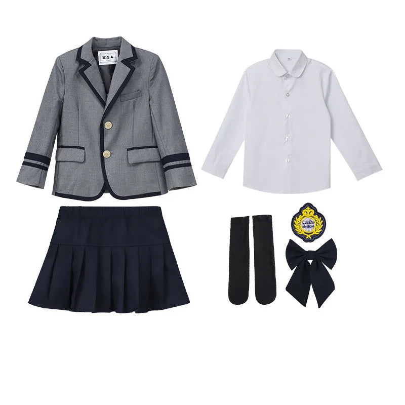Child School Uniform Girls Korean Japanese Navy Jacket Pleated Skirt Boys Formal Dress Suits Kids Student Clothes Class Sets