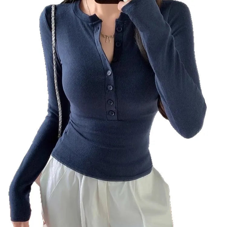Sexy and Pure Button Up Long Sleeved T-shirt for Women, V-neck Slim Fit Bottom Top