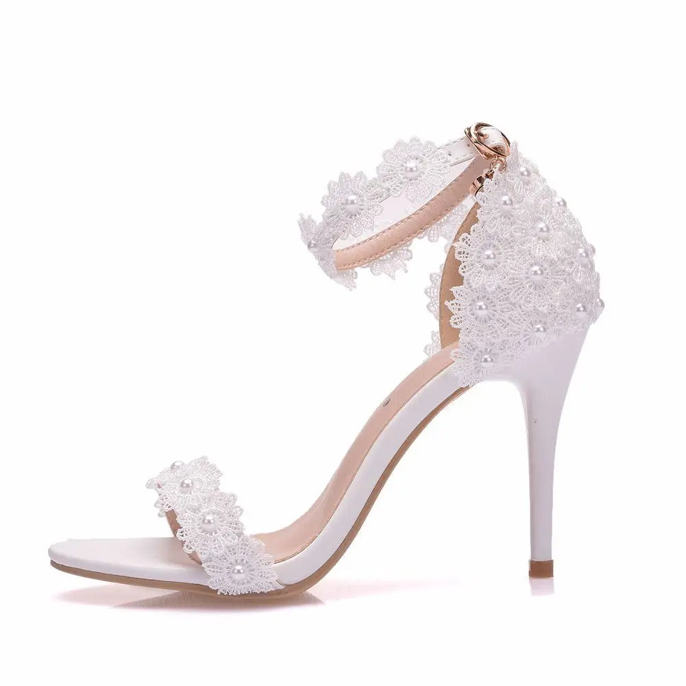 Women Shoes 9cm High Heel Sandals Summer Open toe Thin High Heels Luxury Lace Pearl Flower Wedding Shoes Bride Dress Pumps 34-43
