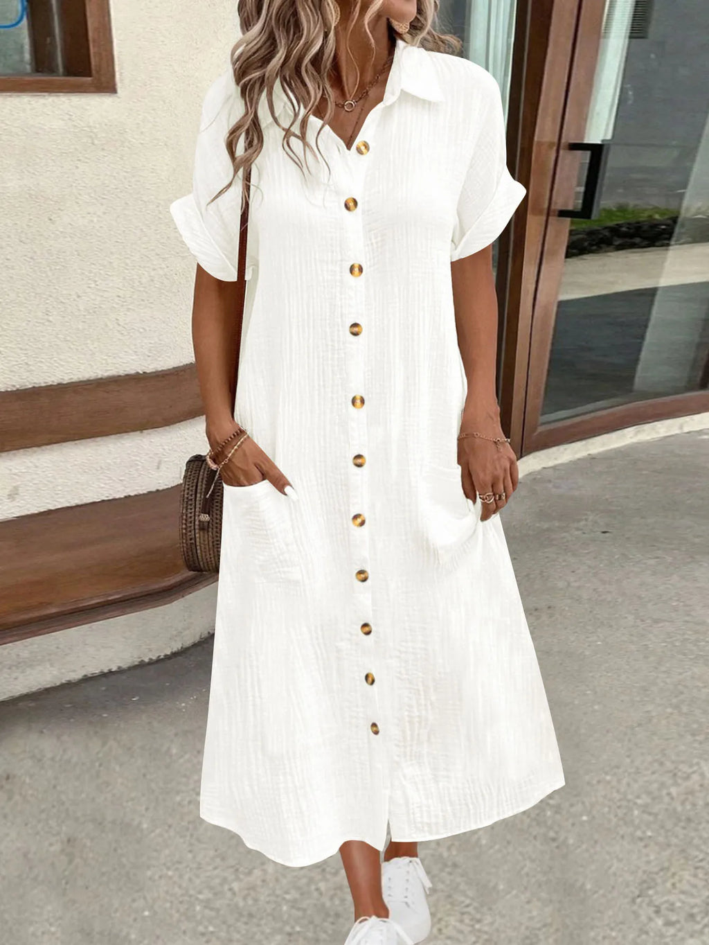 New European and American solid color shirt skirt spring and summer fashionable and comfortable women's short-sleeved long shirt