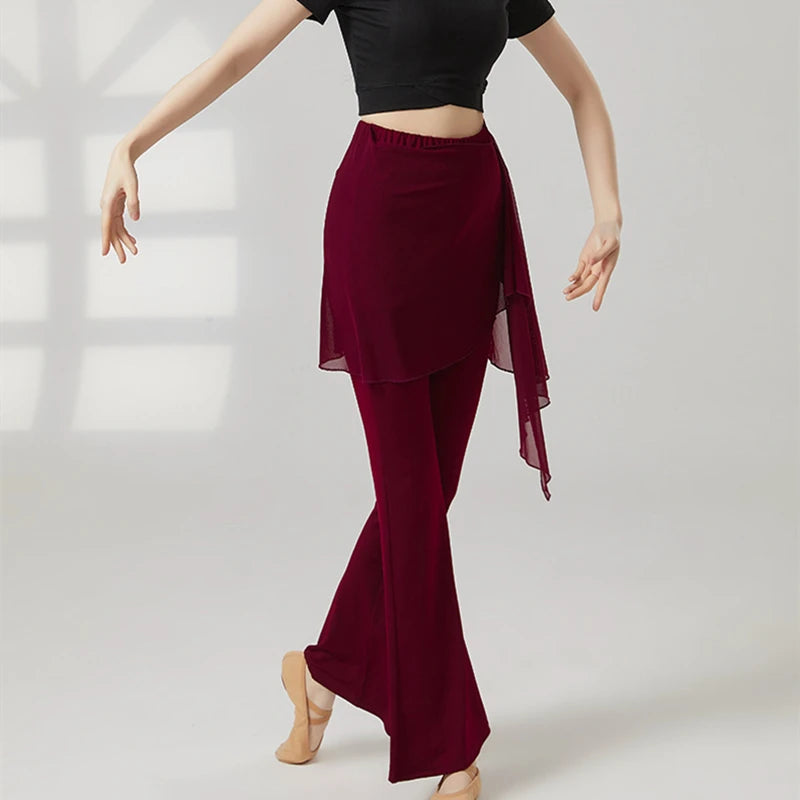 Modern Dance Pant Women Long Microflared Latin Trousers Mesh Wrap Skirt Classical Practice Costume Stage Line Dancewear Female