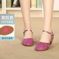 2023 New Summer Girls Party Shoes Princess Sandals Sequined Cloth Leather Glitter Buckle Strap Block Heel Kids Gift Shoes
