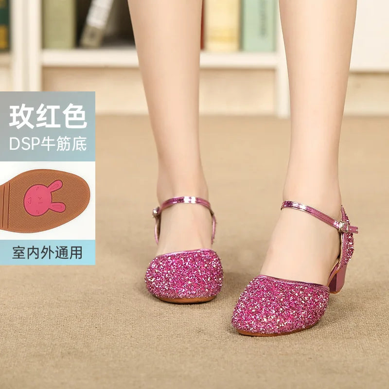 2023 New Summer Girls Party Shoes Princess Sandals Sequined Cloth Leather Glitter Buckle Strap Block Heel Kids Gift Shoes