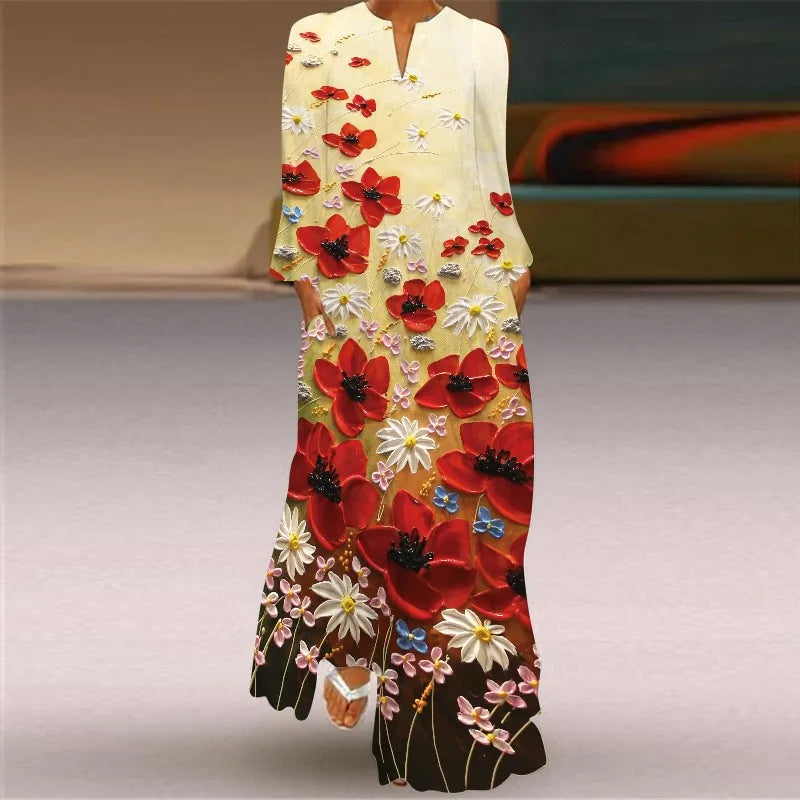 Summer Dress Woman 2025 New Long Dress Party Travel Photography 3D Printing Dress Red Long Sleeve V-neck Elegant Pocket Dresses