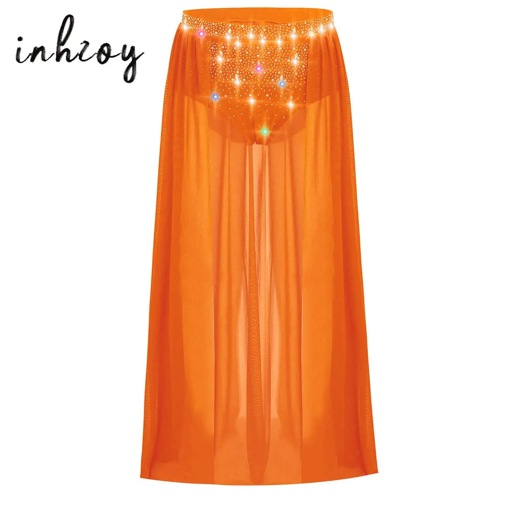 Kids Girls Lyrical Modern Dance Skirt Shiny Rhinestones Open Front Flowy Sheer Mesh Skirt with Built-in Briefs Ballet Dresses