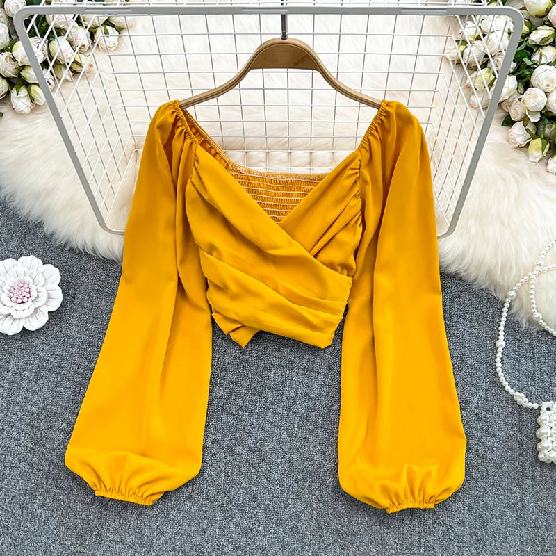 Beiyingni 2022 Spring Summer V-neck Blusas Women Plain Sexy Elastic Long Puff Sleeve Blouses Ladies Chic Ruched Crop Tops Female