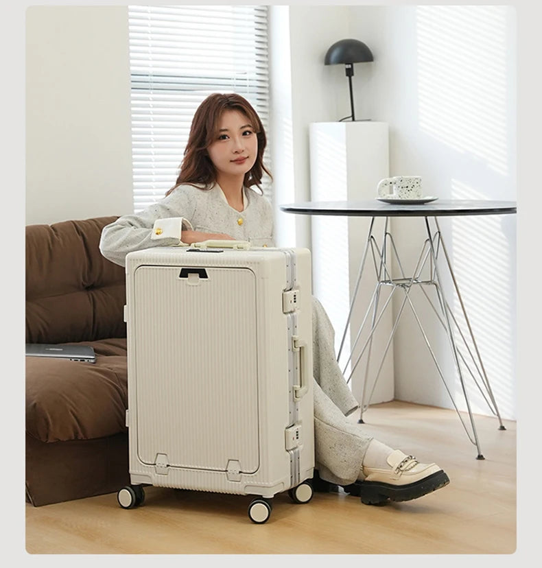 New Travel Luggage Multifunctional Aluminum Frame Trolley Suitcase with USB Cup Holder Large Capacity Bag Boarding Box Suitcase