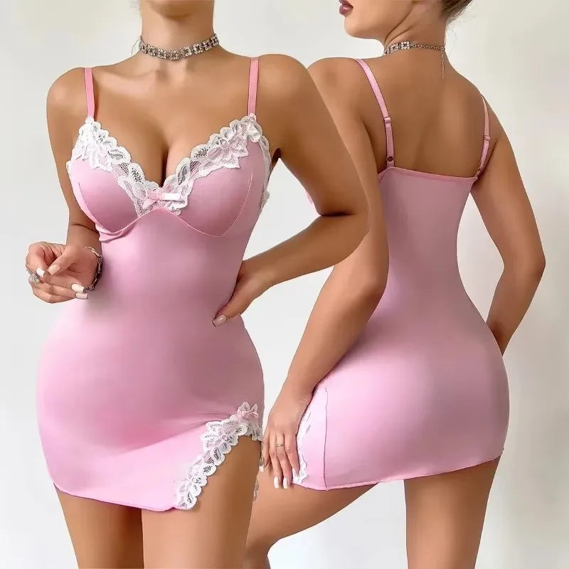 Summer hot Women Nightdress Seductive Pink Deep V Sleeveless Fashion Lace Sleep Pajamas Dress Ladies Lingerie Nightgown Homewear