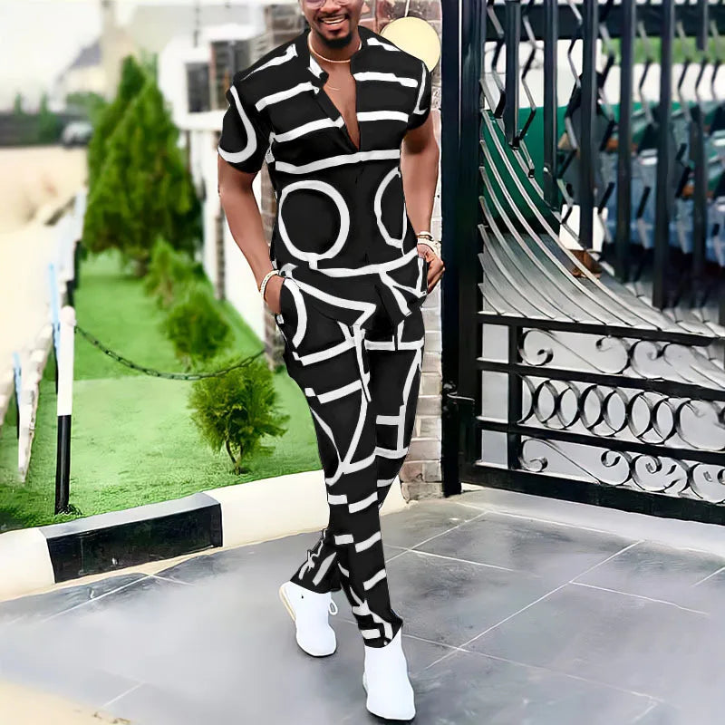 Summer New Men's Fashion Trend Print Shirt Casual Suit V-neck Short-sleeved Trousers Male Streetwear High-quality Two-piece Sets