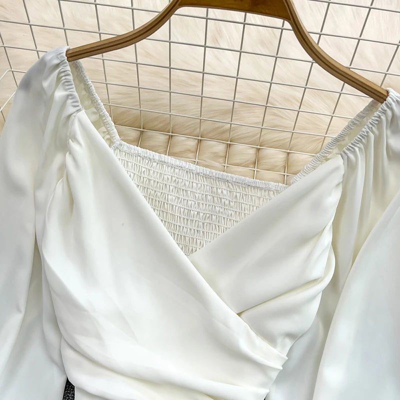 Beiyingni 2022 Spring Summer V-neck Blusas Women Plain Sexy Elastic Long Puff Sleeve Blouses Ladies Chic Ruched Crop Tops Female
