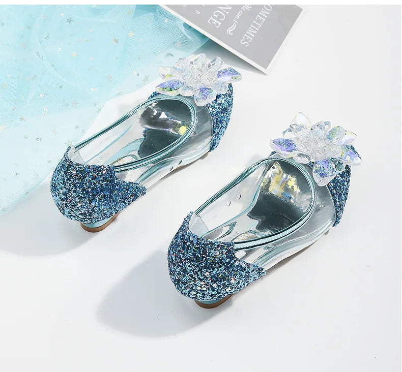 Pink Blue Princess Dance Shoes for Girls Low Heels for Kids Birthday Party Glitter Crystal Diamond Shoe Child Gown Leather Shoes