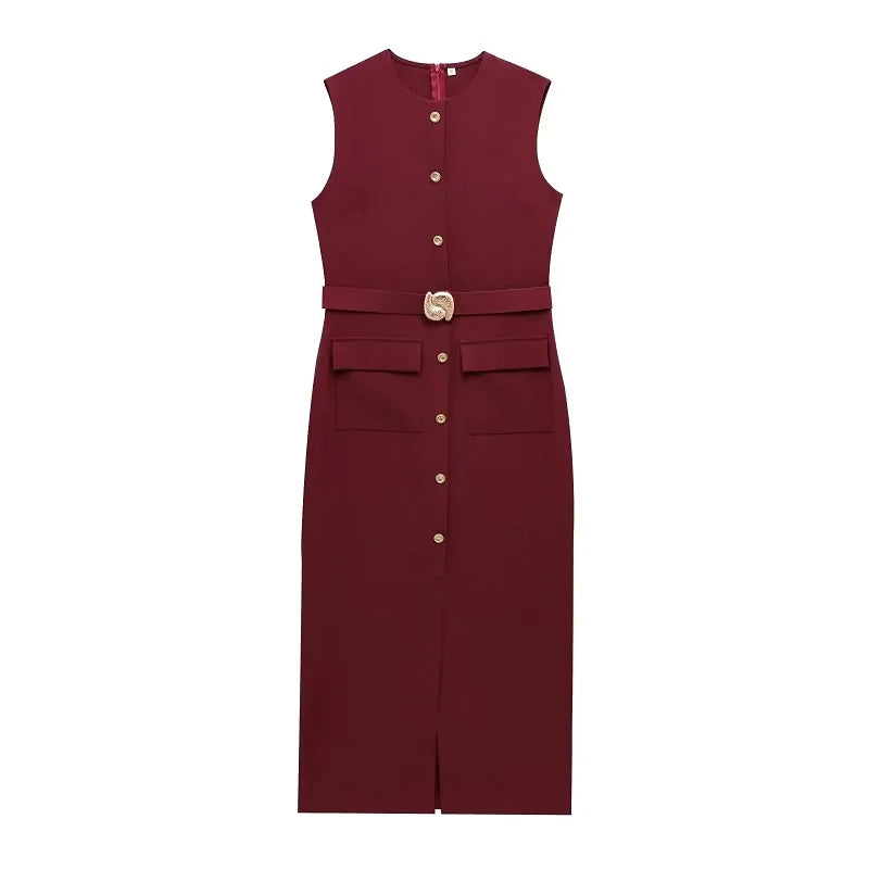 MUJER 2025 Women's Dress Summer Sleeveless Midi Dress Woman Red Black Office Long Dresses for Women Chic Belt Button Dress Women