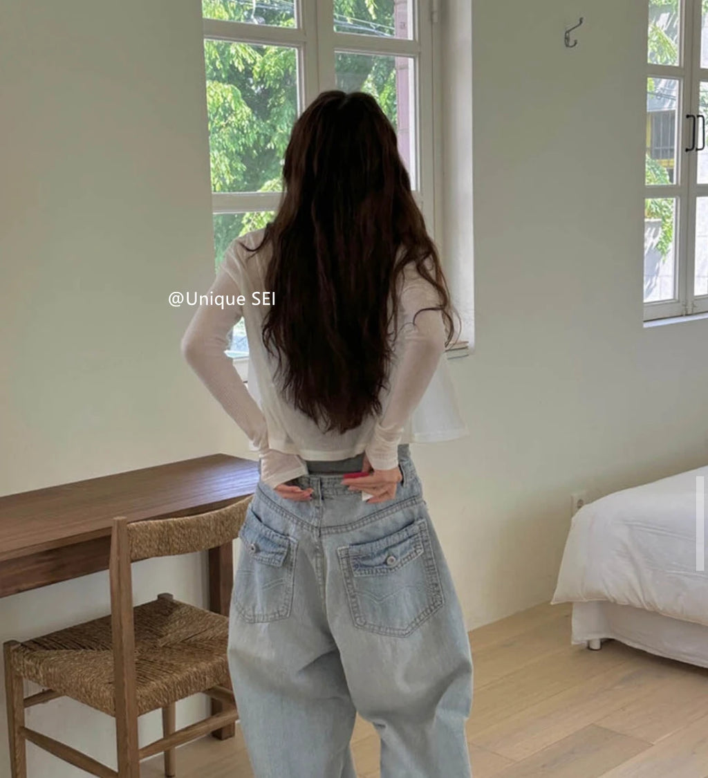 Summer Spicy Girl  Knot Tie Neck Vest Top Washed Denim Blue Women's Fashion Straight Cut Outerwear Short Length