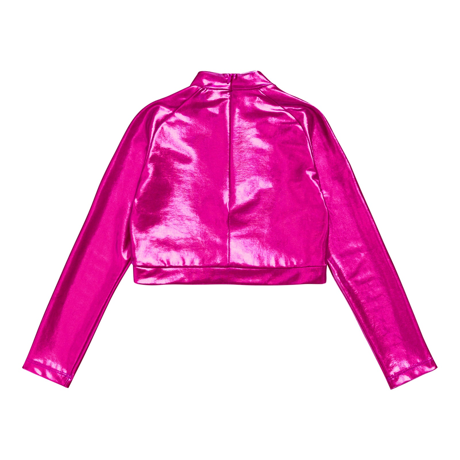 Kids Girls Shiny Metallic Crop Top Mock Neck Long Sleeve Front Sequin Fully Lined Athletic T-Shirts Jazz Hip-hop Dance Tops