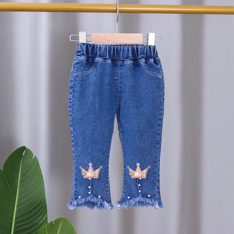 Jeans for Kids Girls Trousers Spring Autumn 2023 New Bow Bell-bottomed Stretch Princess pants for children Girl Denim Pants