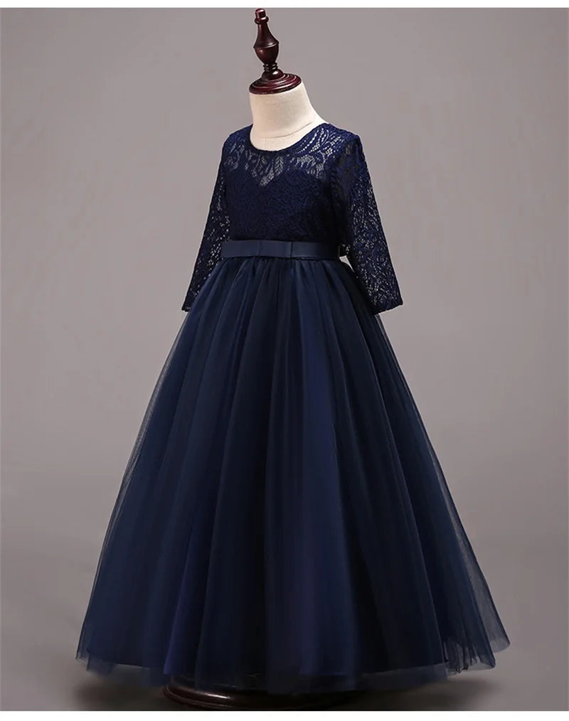 Elegant Dress For Teenage Girl Lace White Long Sleeve Wedding Princess Dresses For Children Prom First Communion Long Puffy Gown
