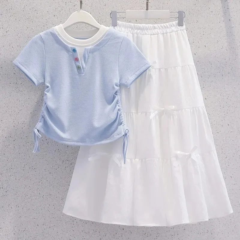 Summer Teenage Girls Clothes Set Children O-Neck Tshirt and Mid Skirt Suit Student School Short Sleeve Top Bottom Outfits
