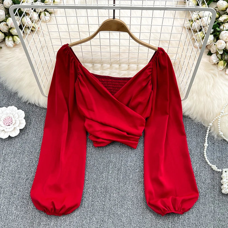 Beiyingni 2022 Spring Summer V-neck Blusas Women Plain Sexy Elastic Long Puff Sleeve Blouses Ladies Chic Ruched Crop Tops Female