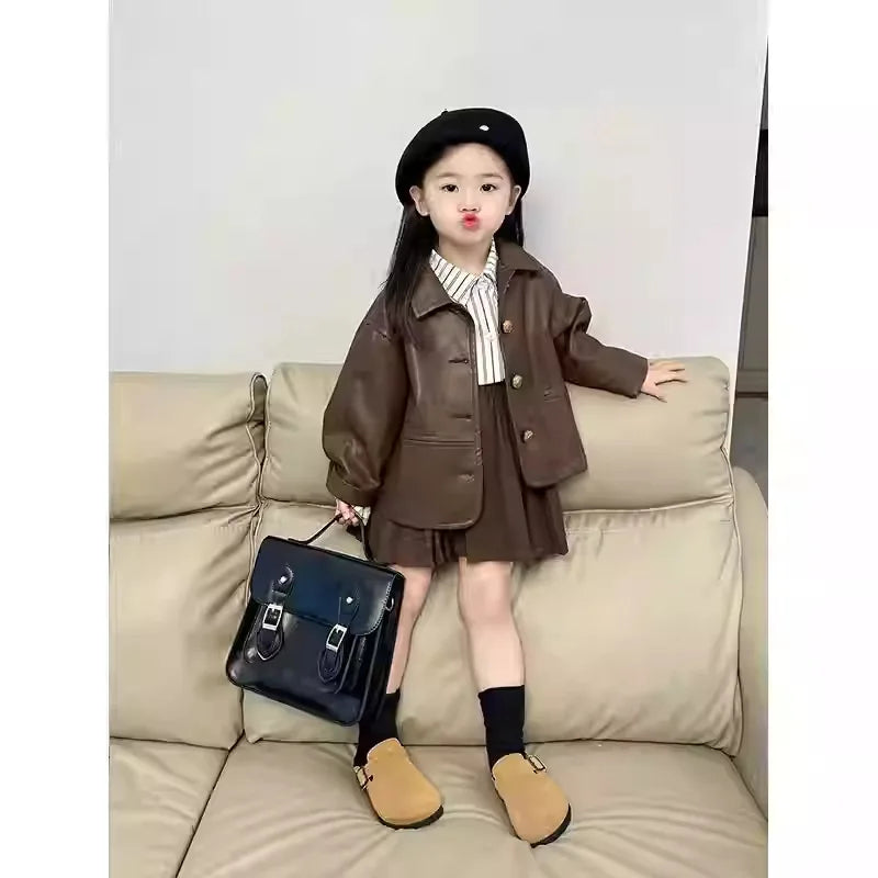 Childrens Suit Spring and Autumn New Korean Girls Fashion Leather Coat Striped Shirt Solid Color Pleated Skirt Three Piece Set