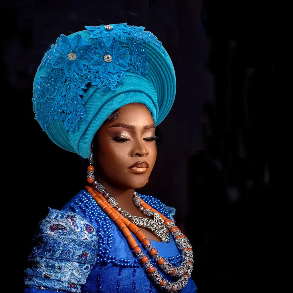 Elegant African Autogele Women's Turban Cap Nigeria Wedding Gele Ready to Wear Headtie with Embroidery Lace Party Headwear