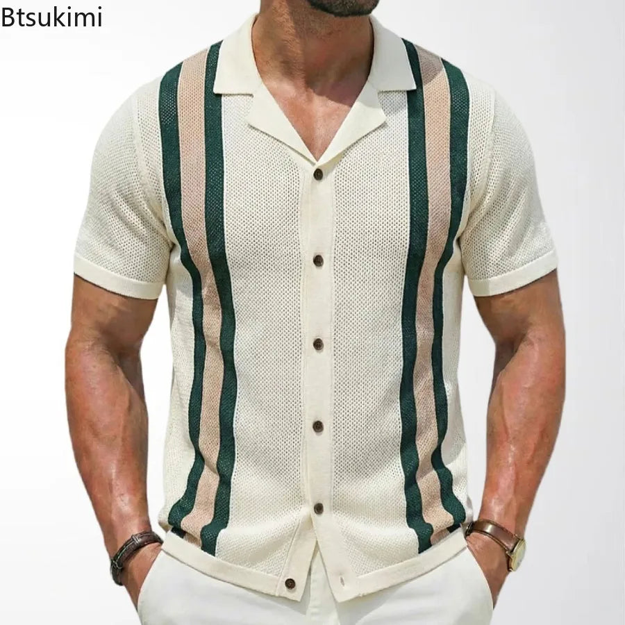 Summer New Knitted Shirts for Men Fashion Cuban Collar Business Casual Social Polo Shirts Knit Cardigans Men Clothing Streetwear