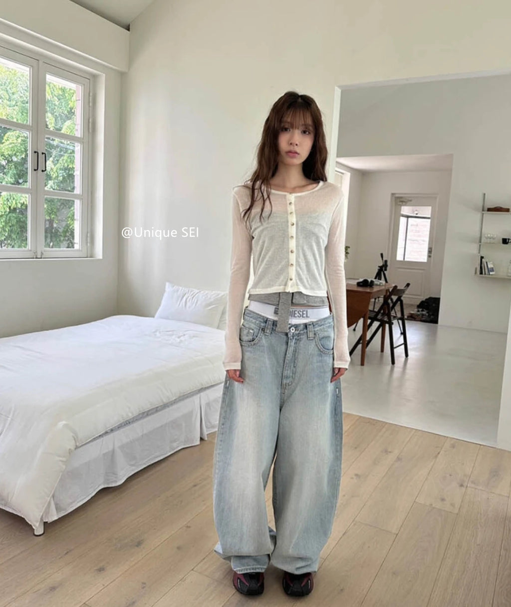 Summer Spicy Girl  Knot Tie Neck Vest Top Washed Denim Blue Women's Fashion Straight Cut Outerwear Short Length