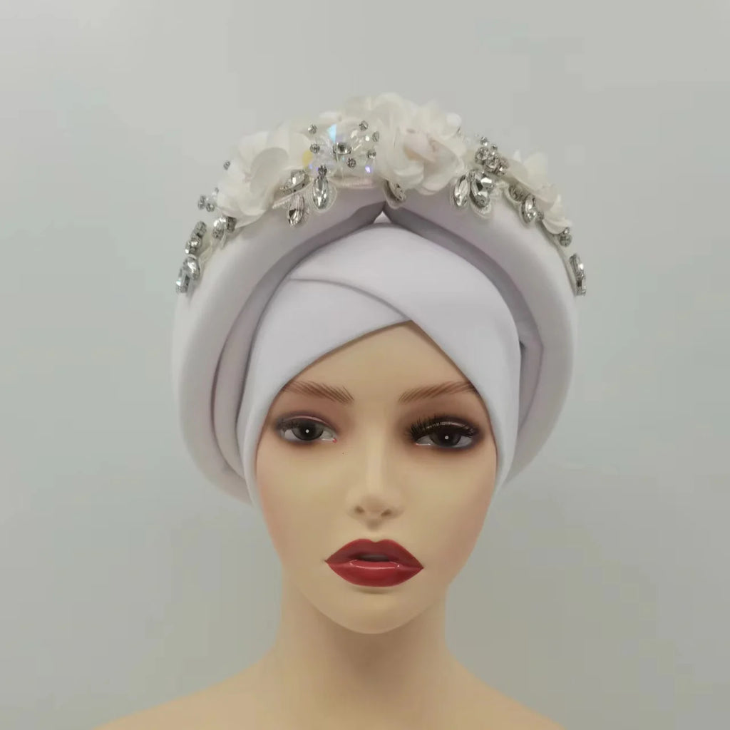 Beaded Nigeria Gele Ready African Headtie Female Head Wraps Party Headpiece Muslim Headscarf Hat Women's Turban Cap with Stones