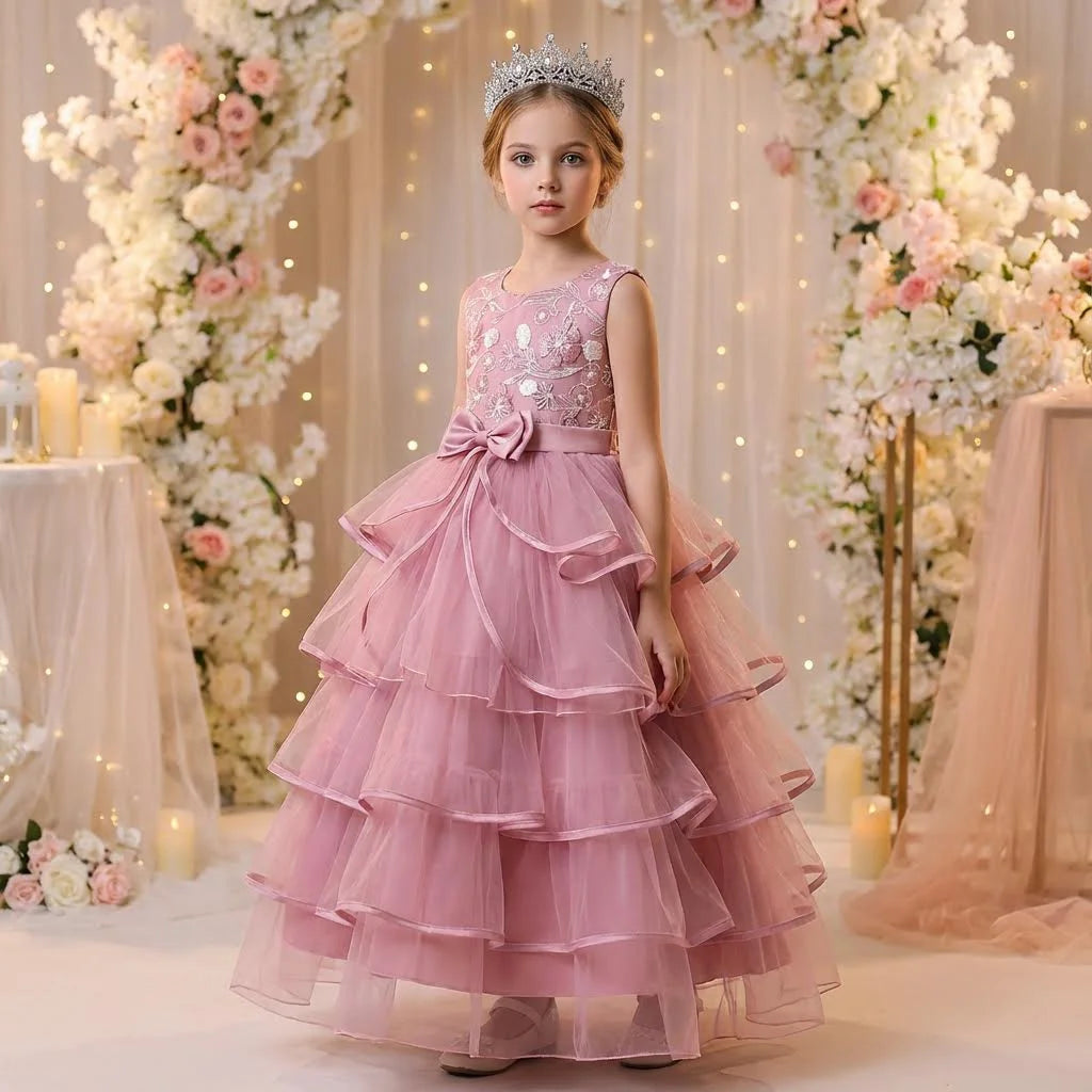 Girls Princess Dress Sleeveless Lace Embroidery Tiered Tulle Bow Formal Evening Gown for Wedding Birthday Party Christmas