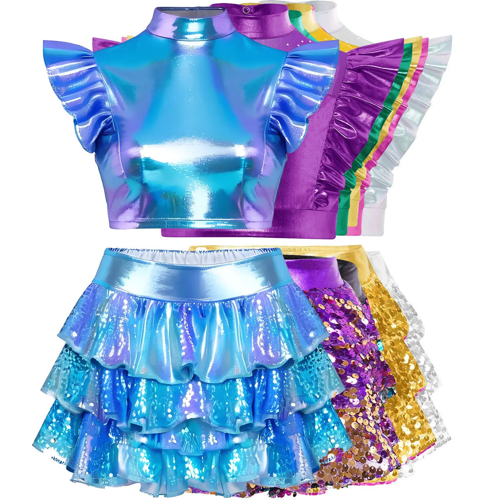 Kid Girls Hip Hop Dance Clothes Kids Jersey Sequin Tiered Skirt Long Tank Top Jazz Metallic Holographic Crop To Cheerleading Set