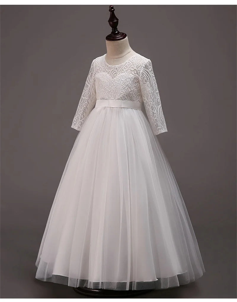 Elegant Dress For Teenage Girl Lace White Long Sleeve Wedding Princess Dresses For Children Prom First Communion Long Puffy Gown
