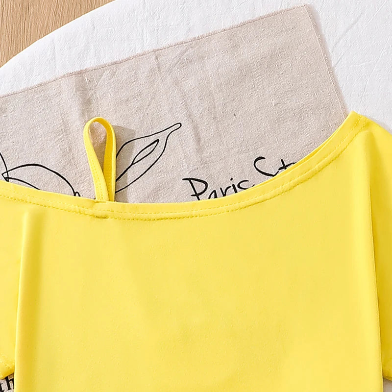 Girls 8-12 2-Piece Set, Yellow Fruit Print Off-Shoulder Top & Green Pleated Skirt, Fresh Cute for Daily Summer Wear