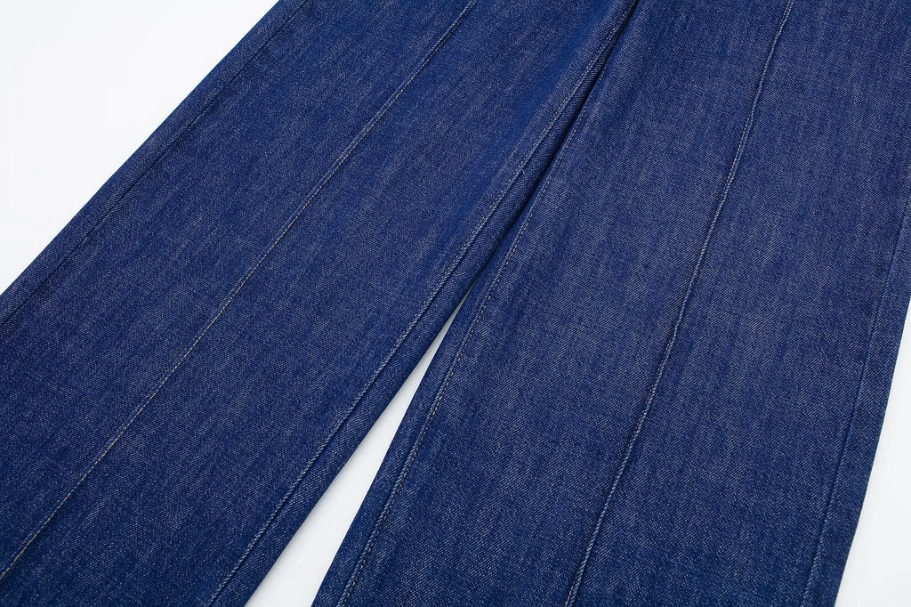 HH 2024 Spring Women 2 Piece Denim Trousers Suits Solid O Neck Coat Top + Pockets Elegant Female Straight Wide Leg Long Pant