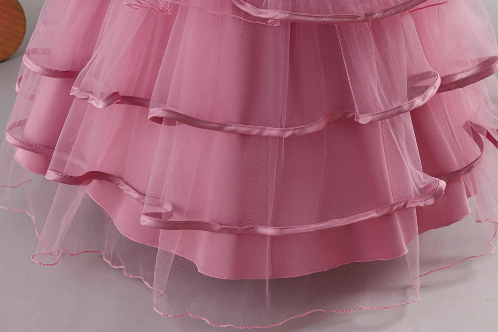Girls Princess Dress Sleeveless Lace Embroidery Tiered Tulle Bow Formal Evening Gown for Wedding Birthday Party Christmas