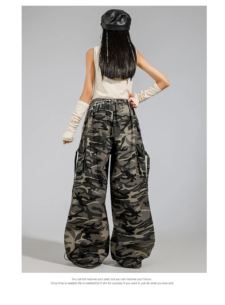 Kid Modern Dance Clothes Girl Jazz Dance Lace up Crop Hoodie Camouflage Pants Navel Performance Suit Kpop Group Stage Costume