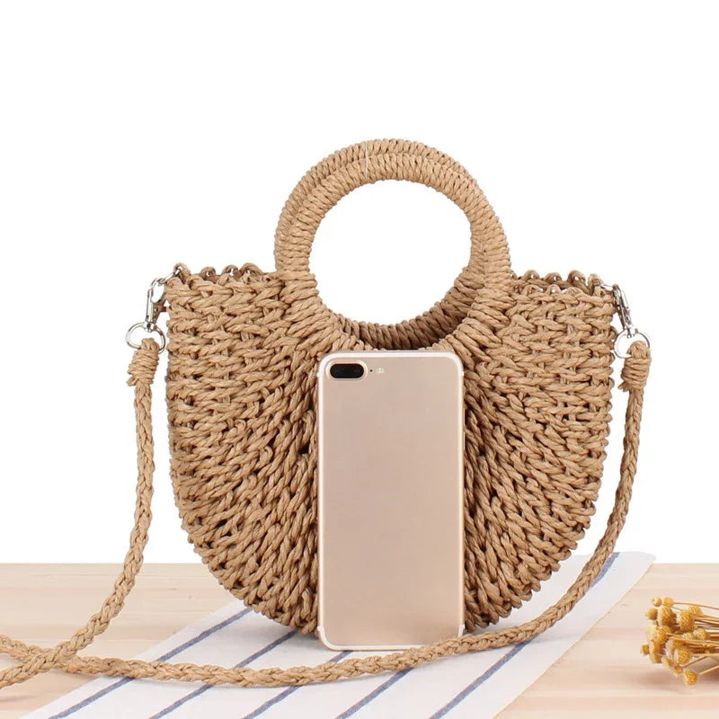 Ladies Beach Holiday Retro Woven Shoulder Bag Women Summer Woven Simple Handbag Female Casual Beach Portable Crossbody Bags Lady