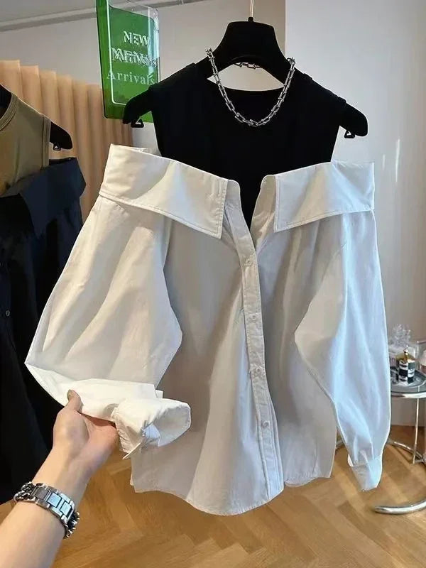 French Off Shoulder Blouses Women Slim and Loose Tank Top Spliced Long Sleeve Shirts Autumn Round Neck Fashion Shirts Women Top