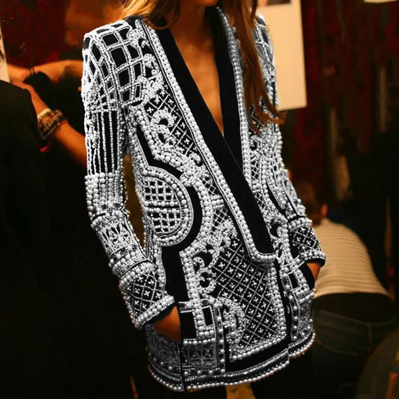 New Fashion Beaded V-neck Blazers for Women Streetwear Trendy High Quality Suit Jacket Coat Outerwear Female Clothing