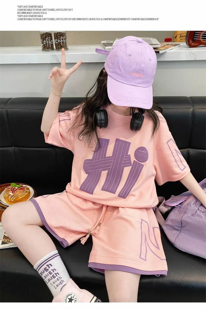 Girls T-Shirts Sets Clothes Kids Short Sleeve Tops+Shorts 2Pcs Children Clothes Suits Teen Loose Casual 2025 Outfits 5-14 Years