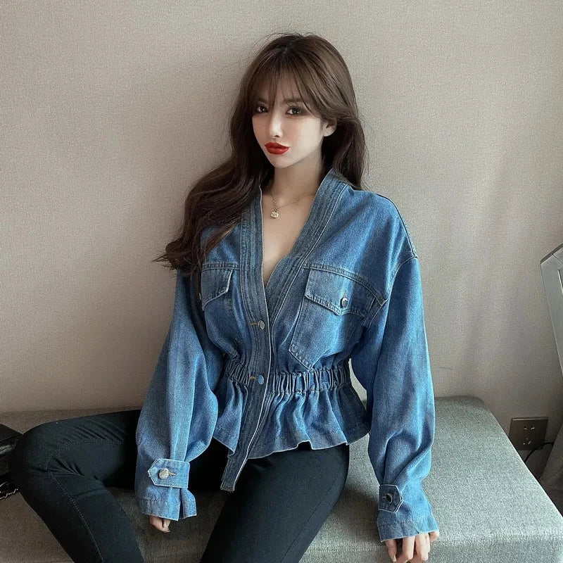 Jean Jacket V-neck Pleated Waist Slim Coat Women's Autumn Korean Fashion Personalized Irregular Shirt Loose Casual Denim Tops