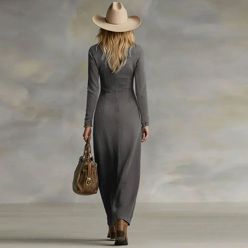 New Fashion Jean Long Dress Women V Neck Long Sleeve Breasted Front Split Up Party Dresses For Women Spring Autumn Denim Dress