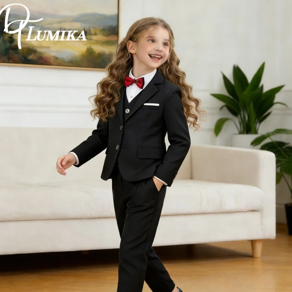Girls Black 4 Piece Slim Fit Suit Set Jacket Vest Pants Bowtie Classic Elegant Formal Wear For Wedding Performance Prom Ages 2