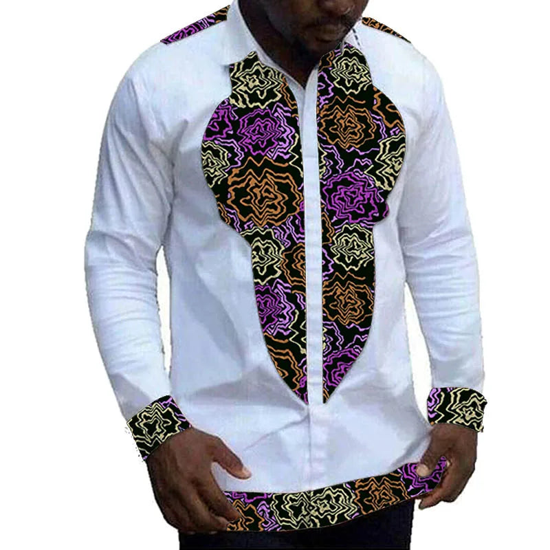 Nigerian Fashion White Men's Shirts Modern Design Casual Shirt Patchwork Long Sleeved Lapel Top African Couture Party Wear